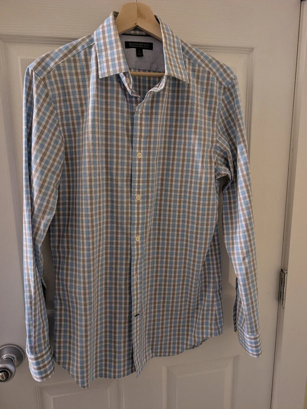 Banana Republic Light Blue and Tan Checked Dress Shirt